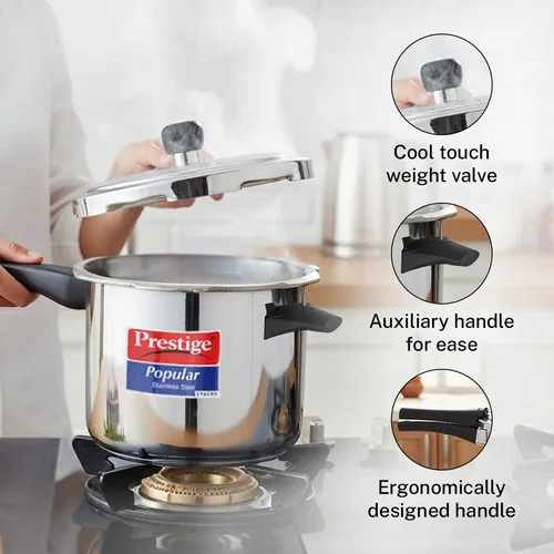 SKU 20173 Prestige Popular Svachh Spillage Control Stainless Steel Pressure Cooker, 5 L (Silver) - Detail View